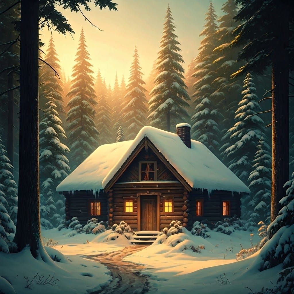 Warm Winter Cabin in Earth Tones, Nestled in the Woods