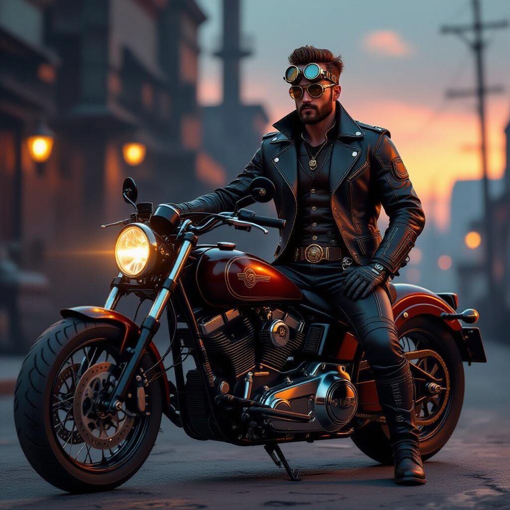 Steampunk Man with Steam Motorcycle in Twilight