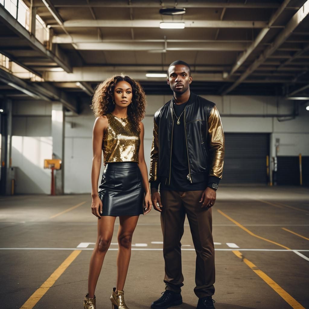 Fashionable Couple Poses in Dramatic Lighting