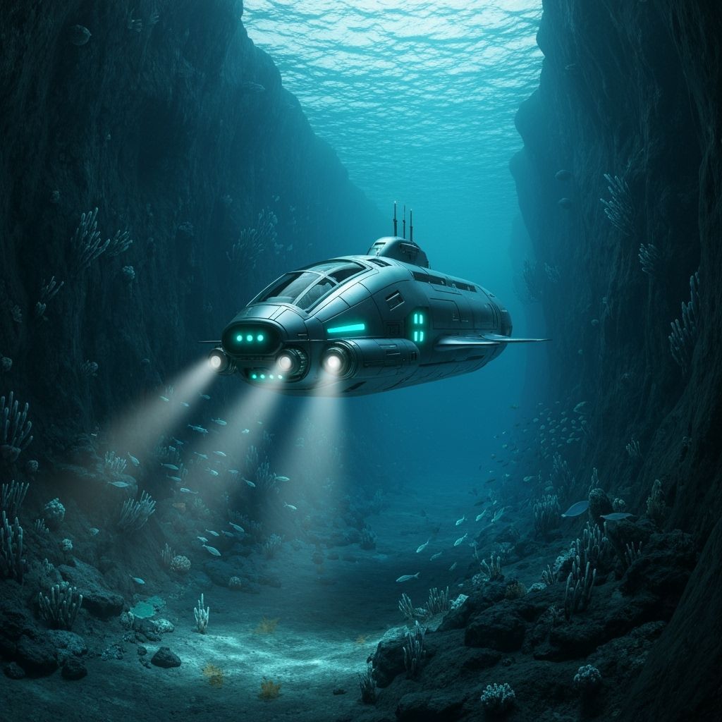 Futuristic Submarine in Alien Ocean Trench