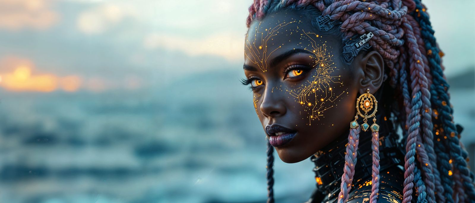 Cyberpunk Character with Braided Hair and Gold Circuitry