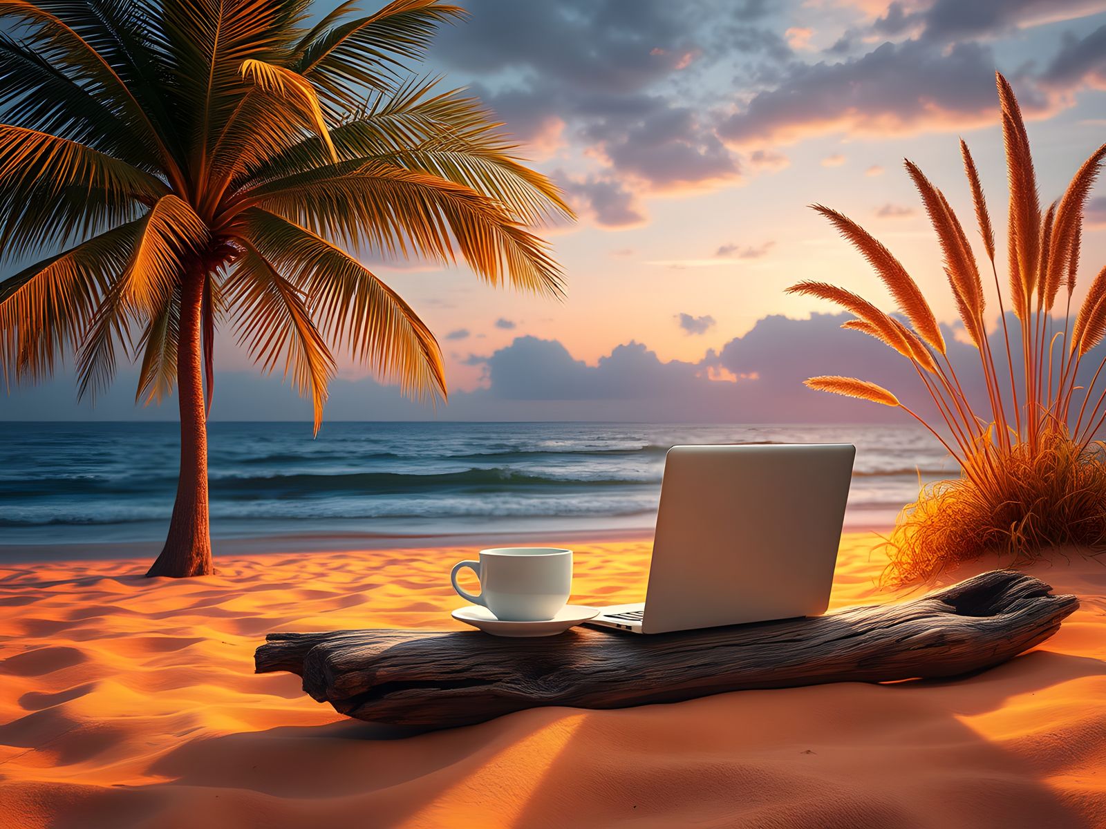 Beach Business: Coffee Cup and Laptop, Detailed Matte Painti...