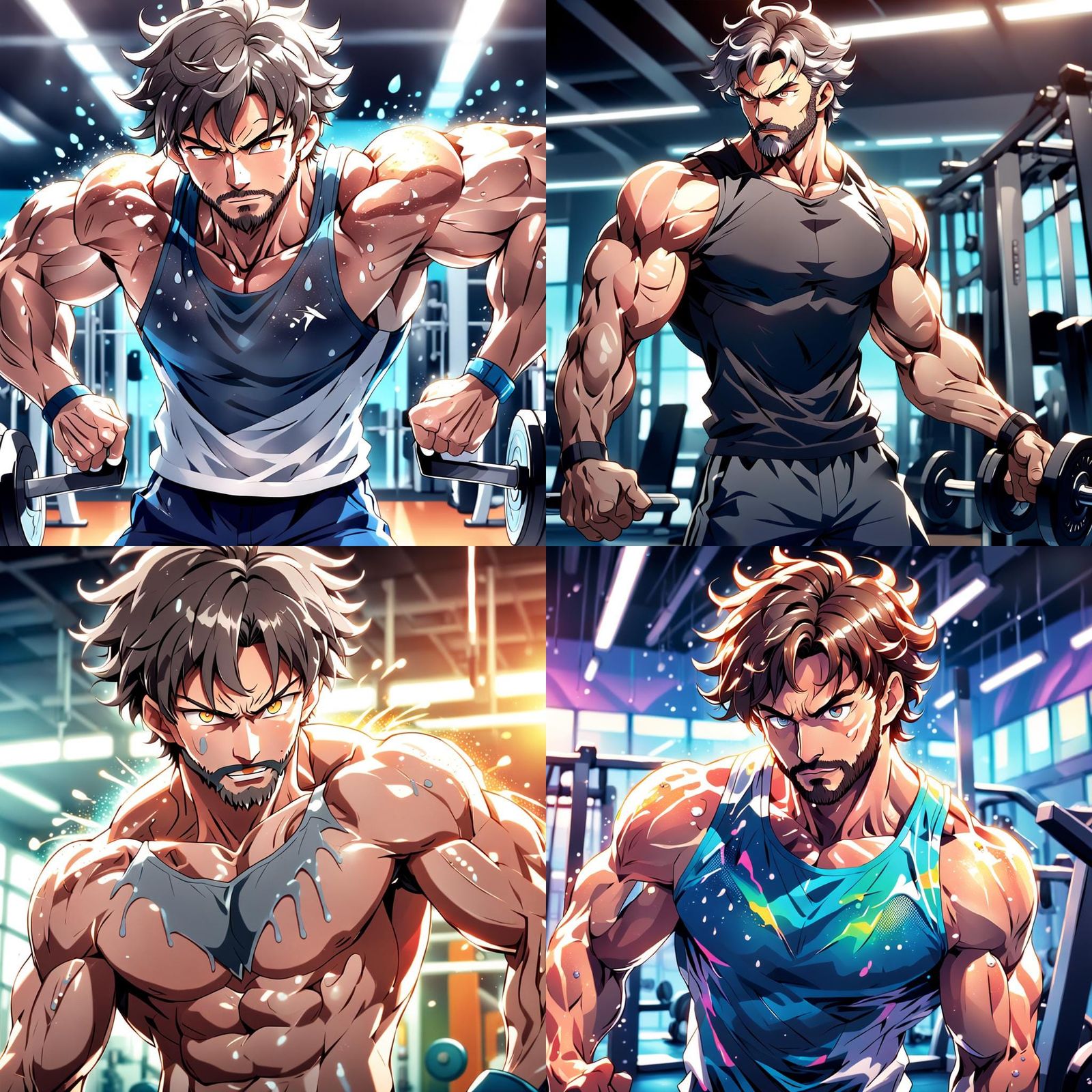 Anime Style: Muscular Man Flexing at the Gym