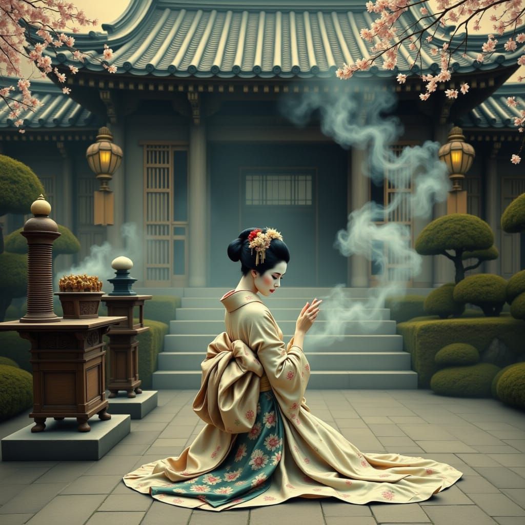 Elegant Mourning Geisha in a Traditional Japanese Garden