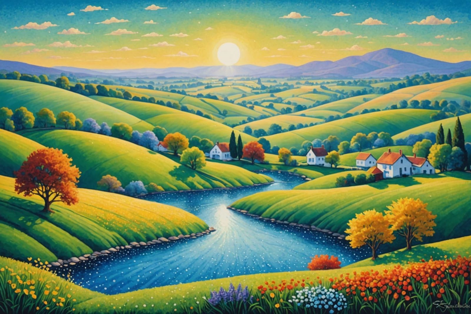 Pointillist Countryside Landscape in Shimmering Dots