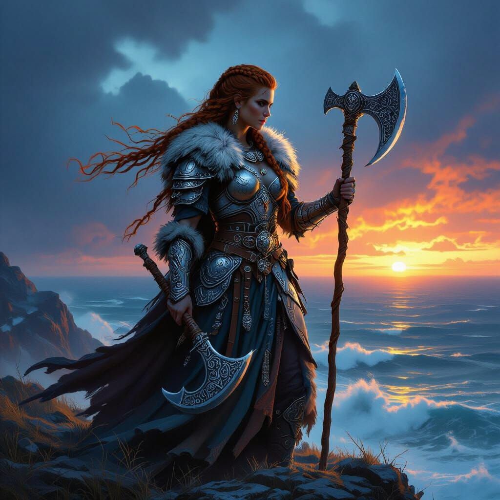 Viking Warrior Priestess on Cliff Overlooking Stormy Sea
