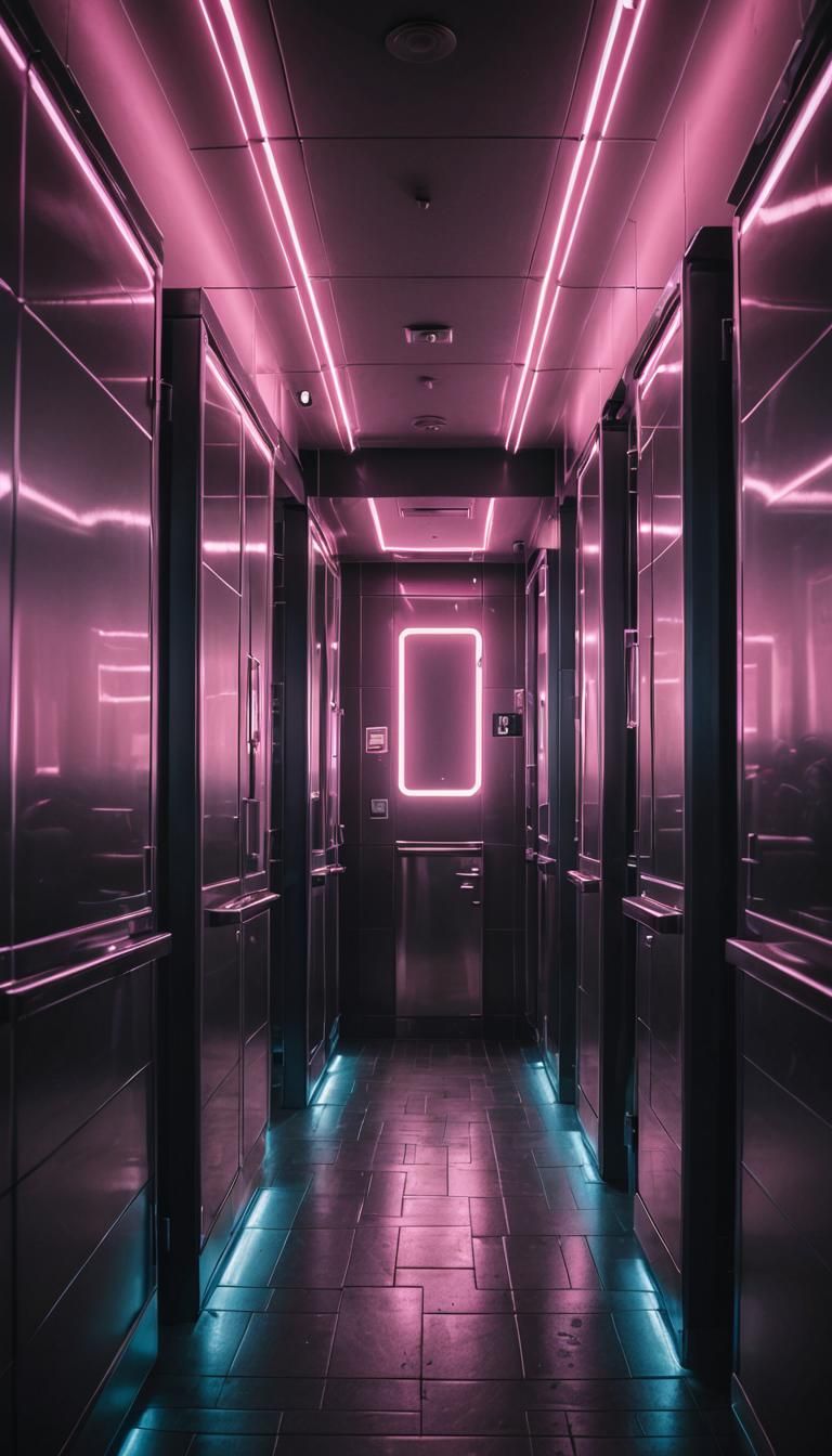 Endless Cyberpunk Bathroom Corridor with Infinite Stalls