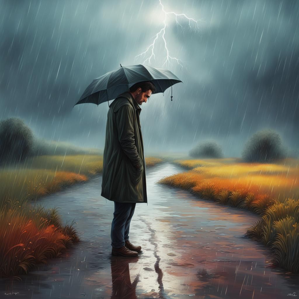 Mourning Man in Rainy Landscape: Hyperrealistic Splash Art