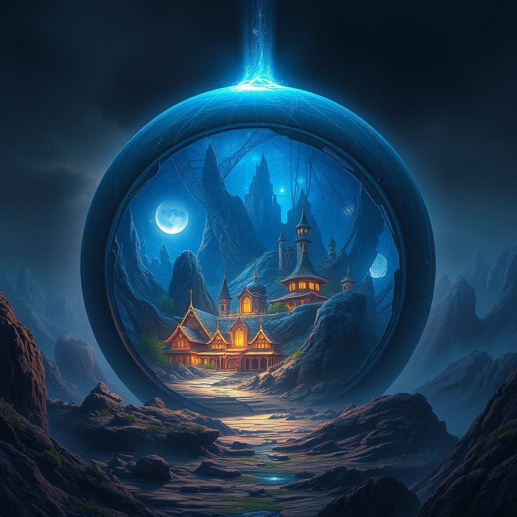 Village Inside Blue Orb: Fantasy Concept Art