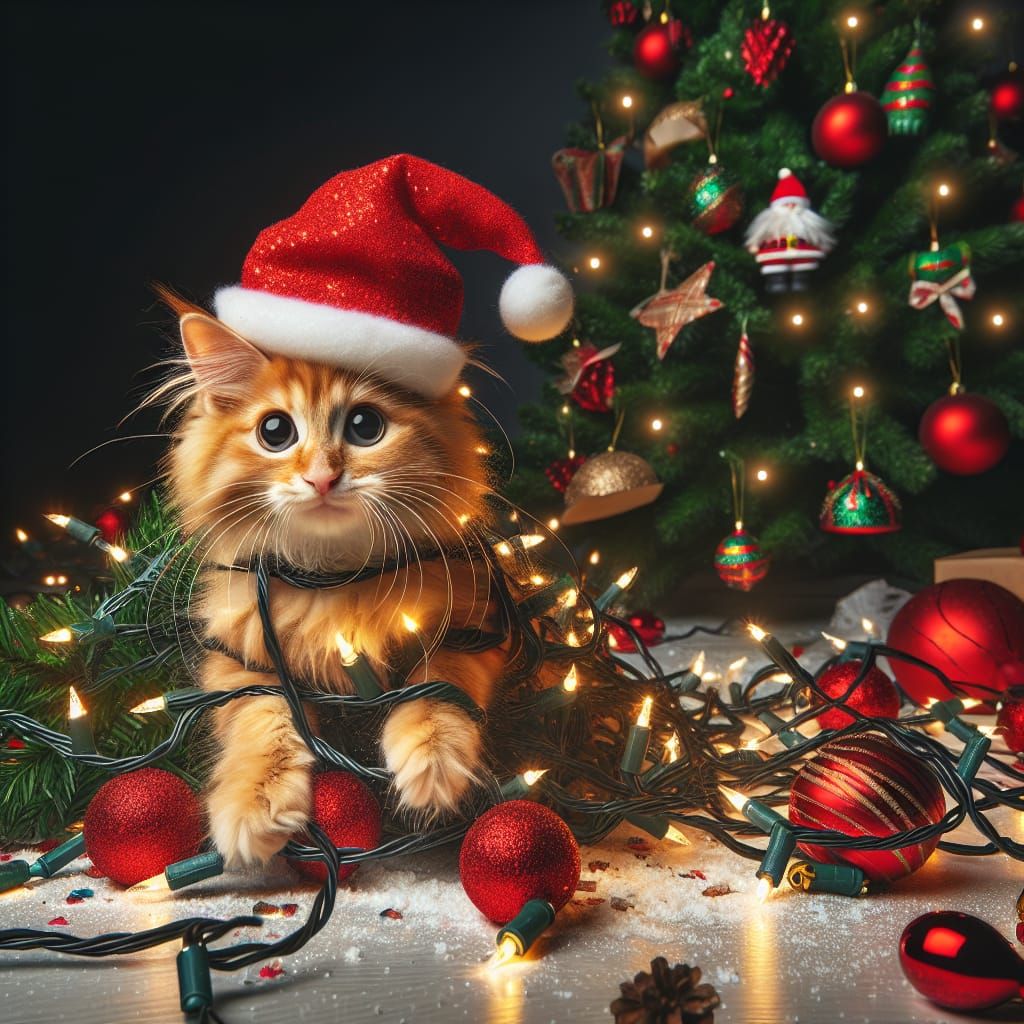 Mischievous Christmas Cat in Twinkling Lights, Surrounded by...