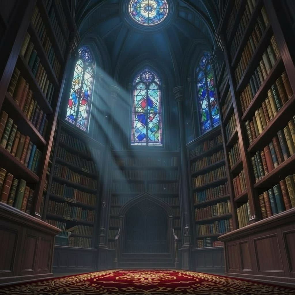 Majestic Library of Forbidden Knowledge in Anime Style