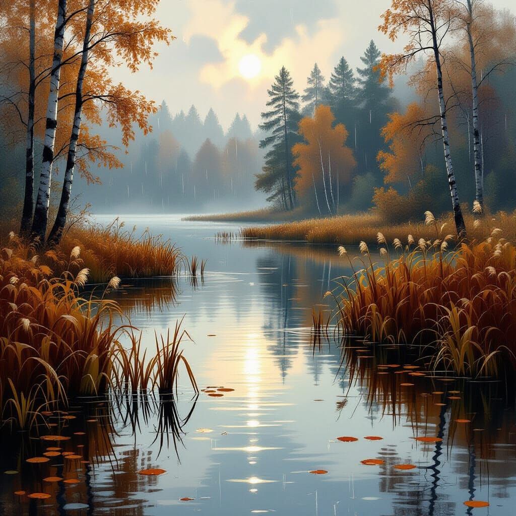 Autumn Lake with Reeds and Raindrops