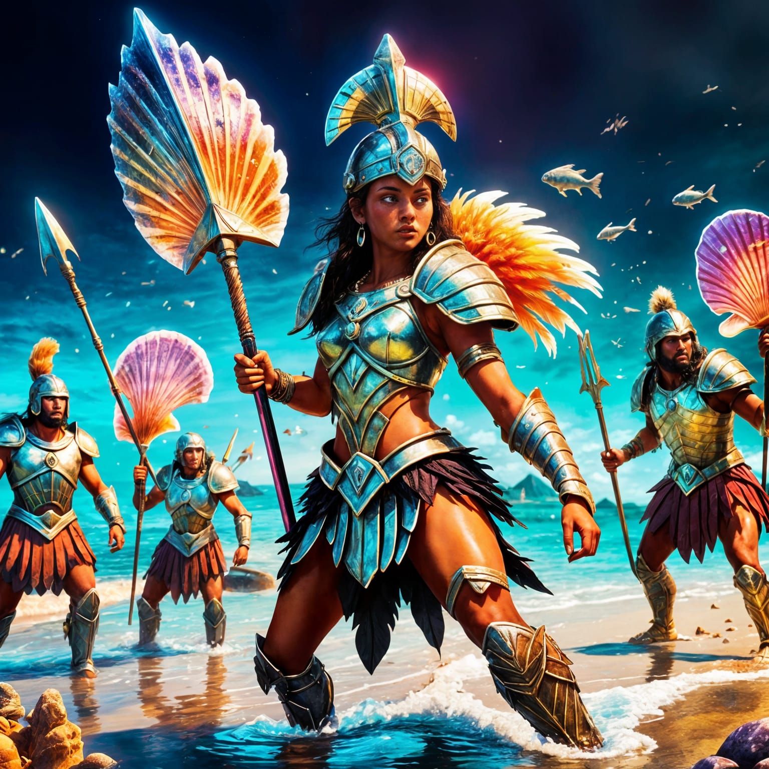 Clam-Headed Boudica Leads Fish-Men in Neon Battle