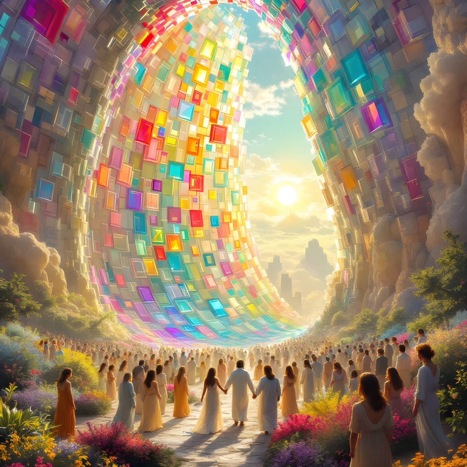 Ethereal City of Angels with Iridescent Portal and Heavenly ...