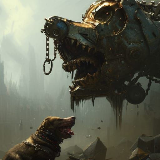 Armored Barking Dog in Dark Fantasy Style