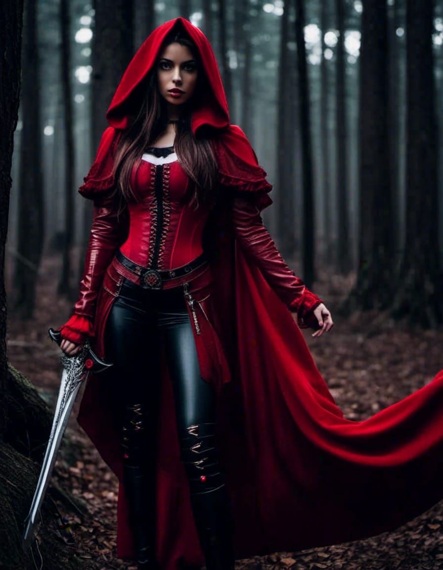 Little Red Riding Hood Gothic Warrior princess. In woods low light. <lora:Gridimation:1.0>