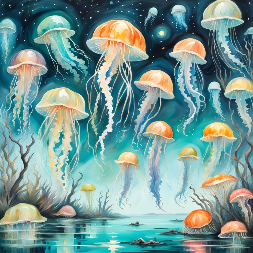 Eerie Gothic Jellyfish over Turquoise Lake