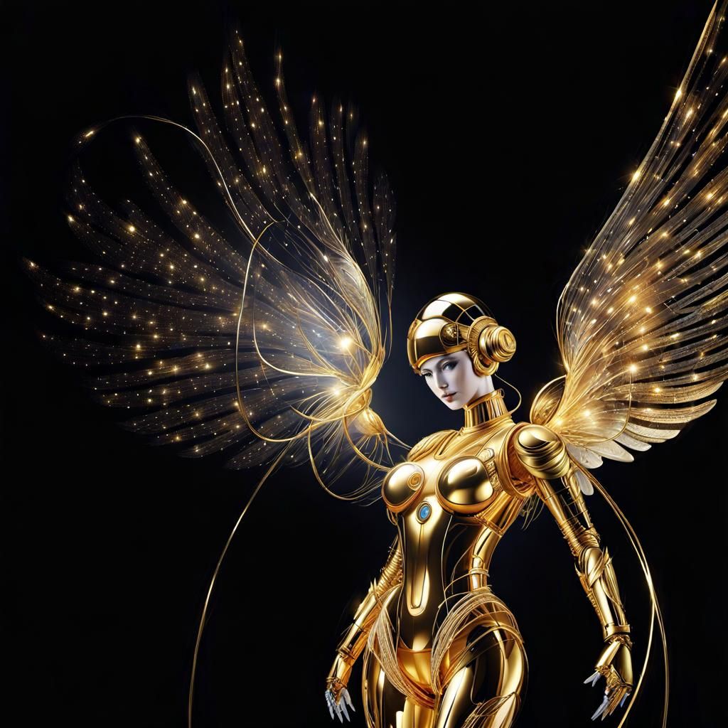 Gold Android Angel Robot with Wire Limbs