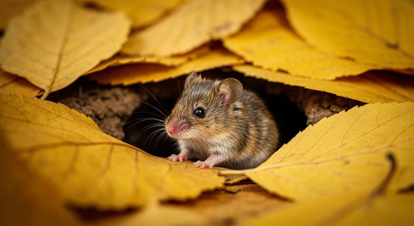 Tiny Mouse Peeking From Burrow in Autumn Leaves