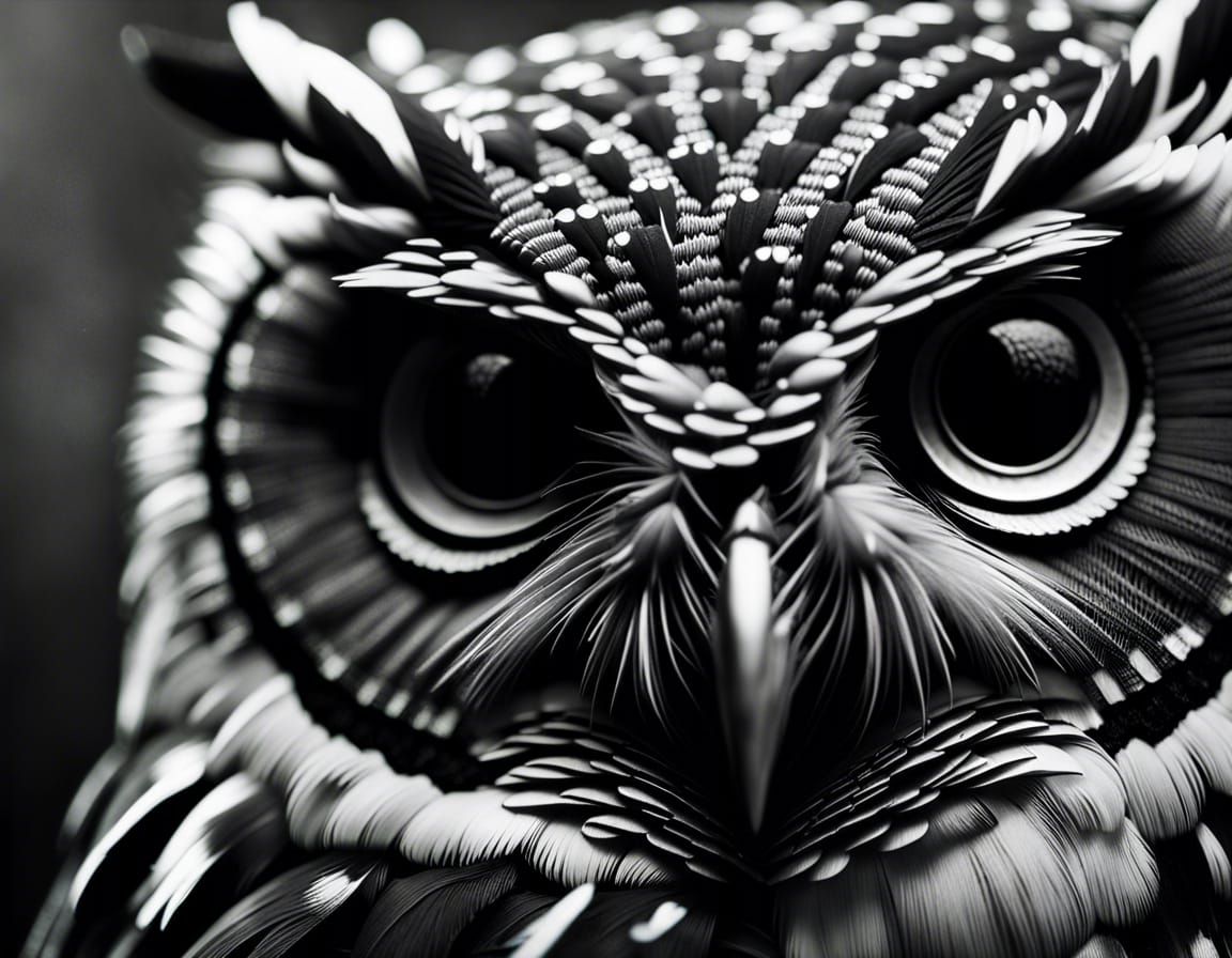 Gloomy Owl Portrait in Forest, Engraving Style