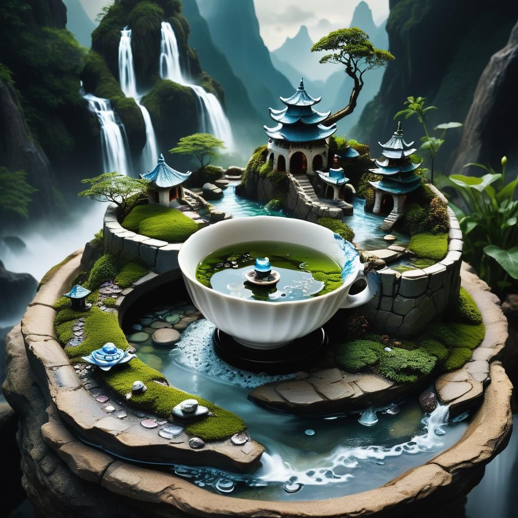 Surreal Zen Garden Teacup in Dark Fantasy Style