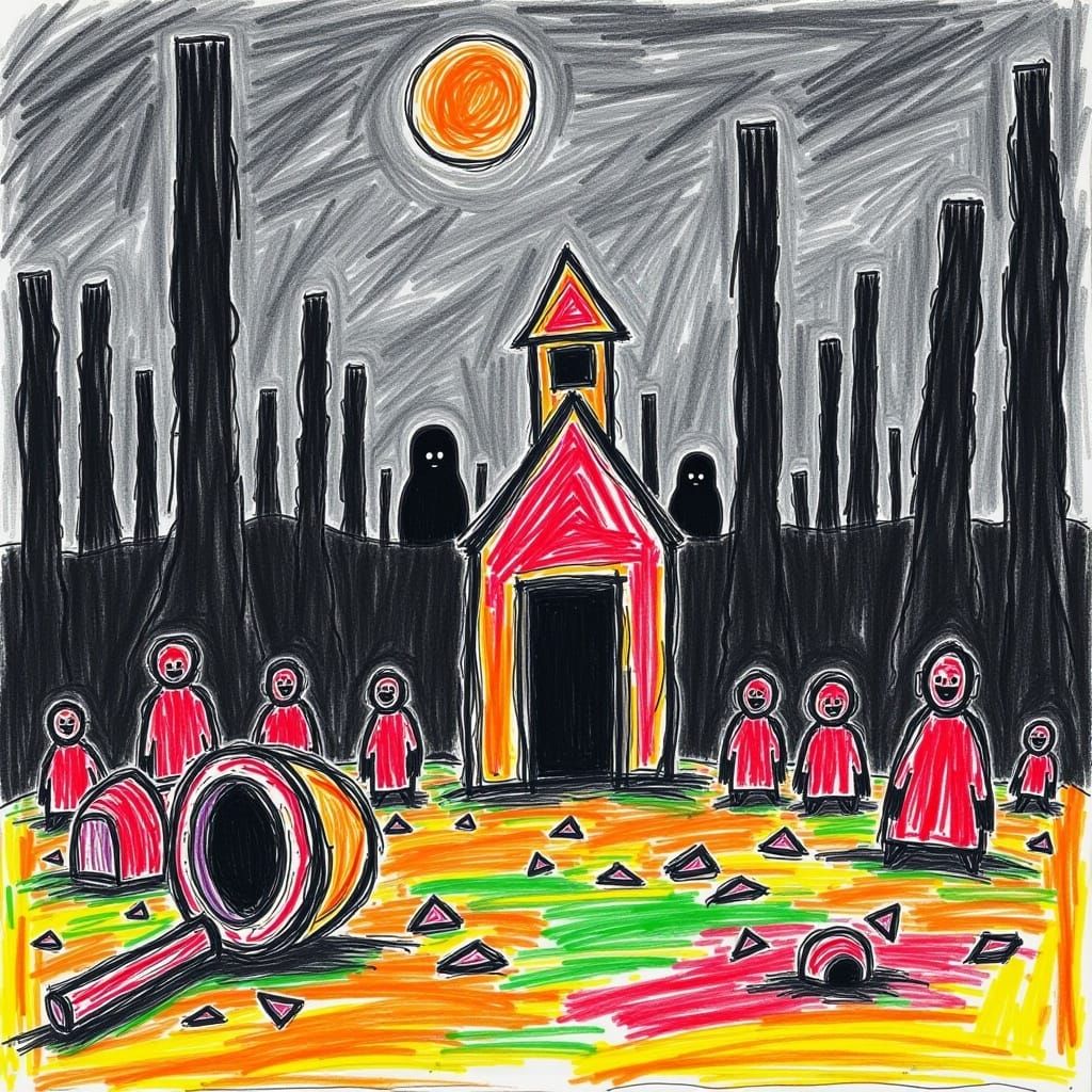 Gothic Church in Forest Clearing: Disturbed Crayon Art