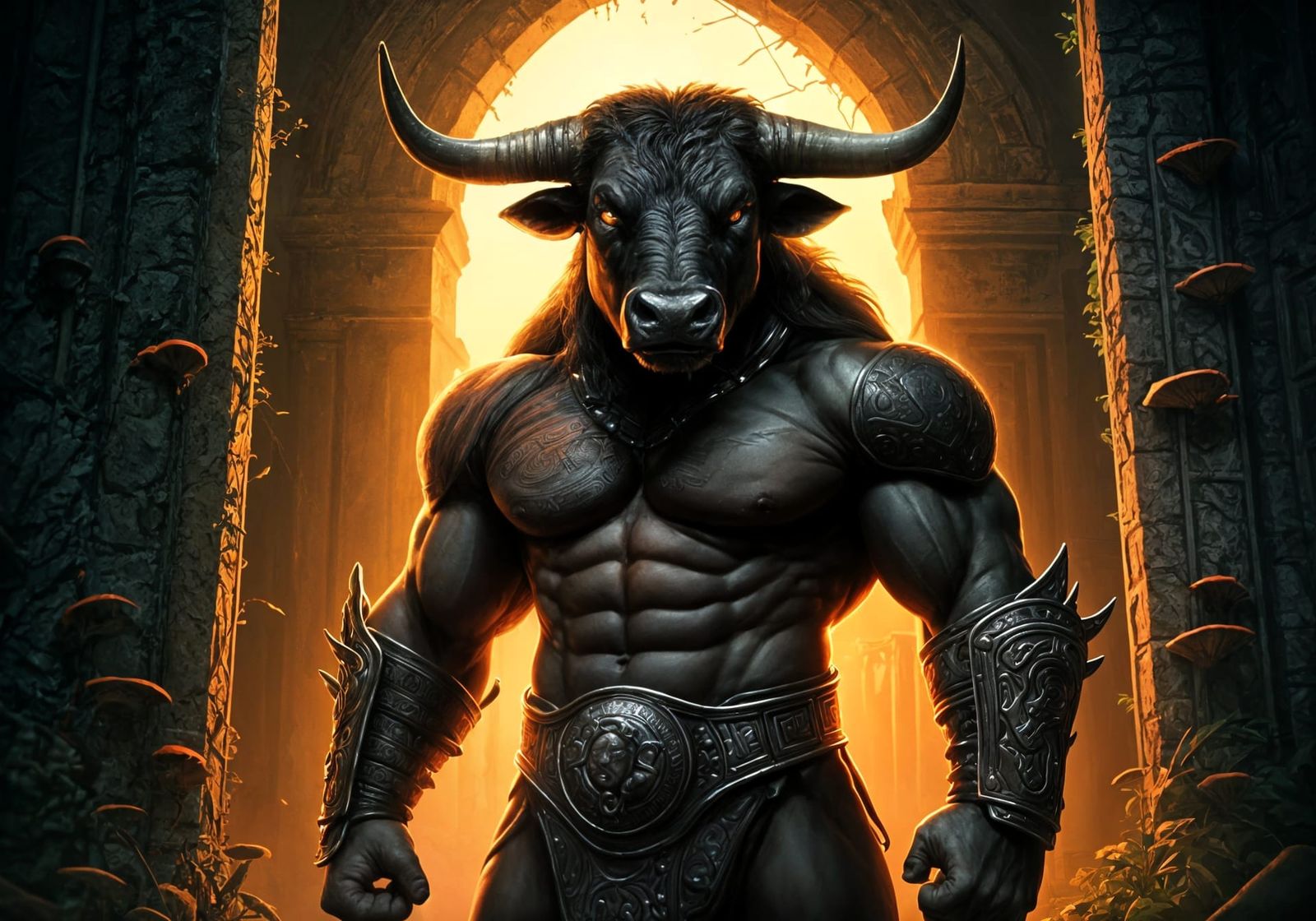 Powerful Minotaur in Labyrinth: Hyperrealistic Digital Paint...