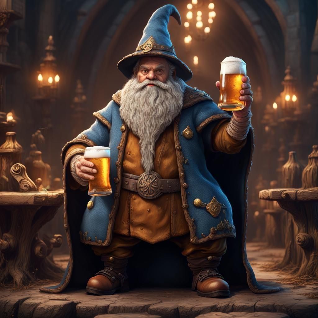 Dwarven Wizard with Beer and Staff, Fantasy Art