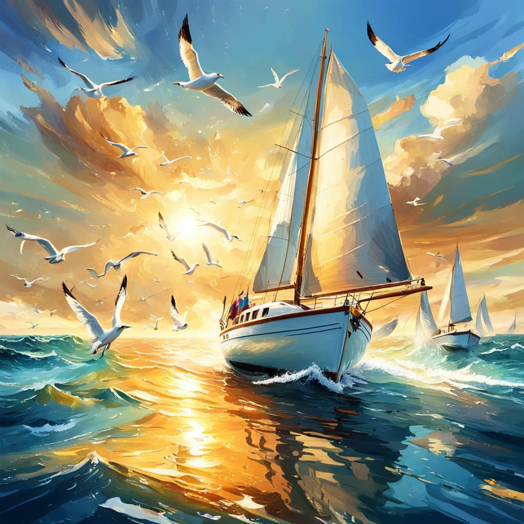Boat Sails on Calm Sea: Oil Painting Style