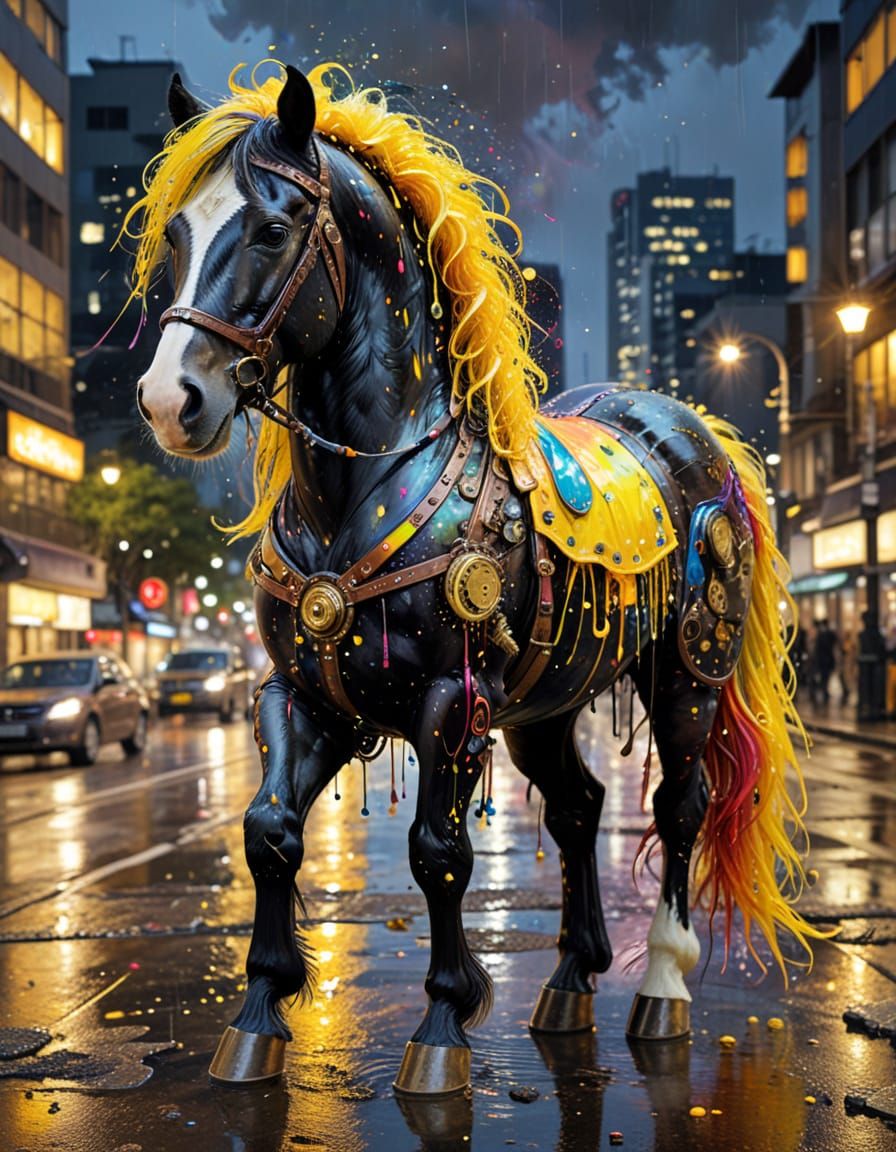 Steampunk Gypsy Horse in Liquid Rainbow Dress