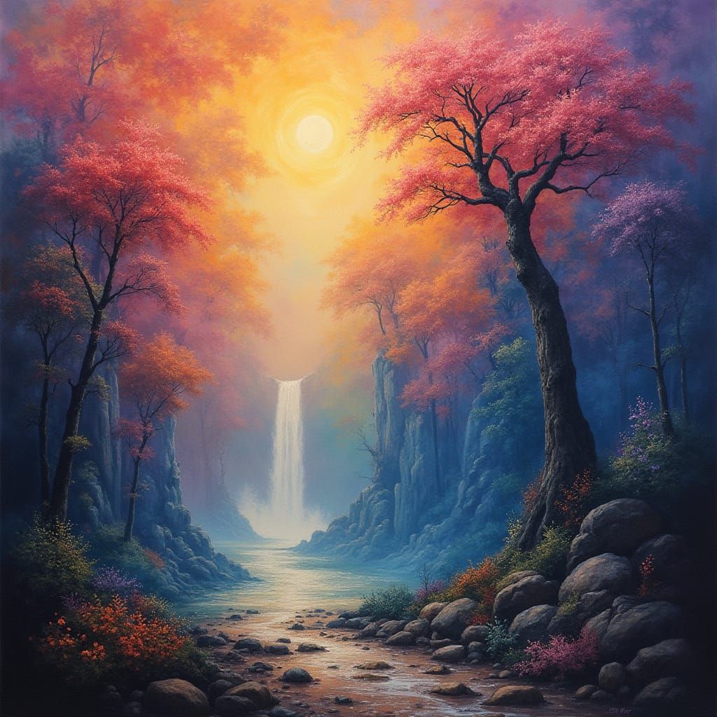 Majestic Waterfall Valley in Realistic, Multi-Colored Dreams...