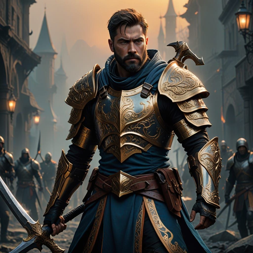 Battle-Ready Warrior in Golden Armor, Wielding Halberd Axe