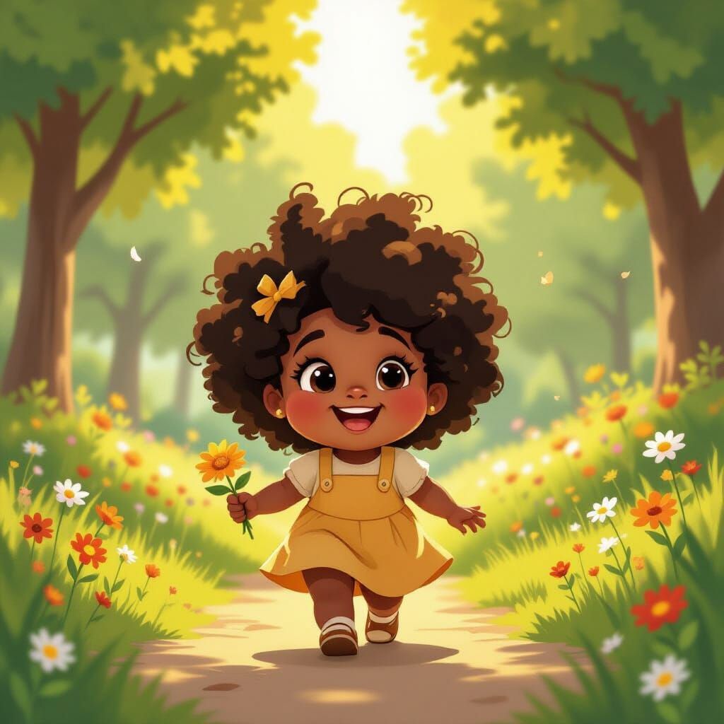 Happy Girl Picking Flowers: Animation Cel Art