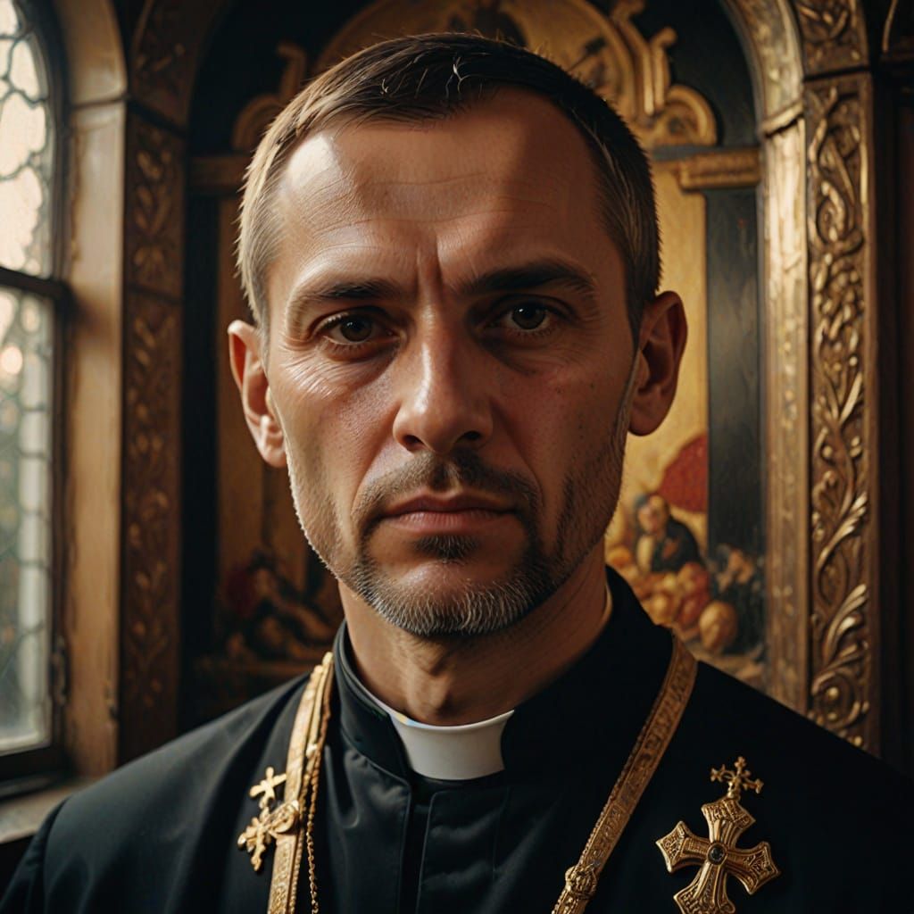 Hyperrealistic Portrait of Russian Priest in Oil Painting St...