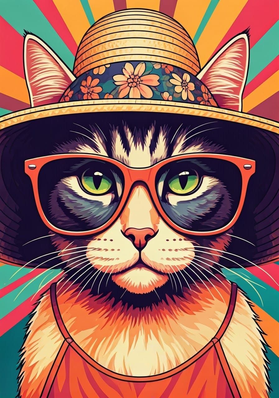 Pop Art Cat with Sunglasses and Summer Hat