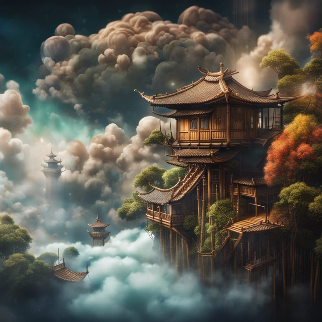 Bamboo House Floating on Cloud Tower: Fantasy Art