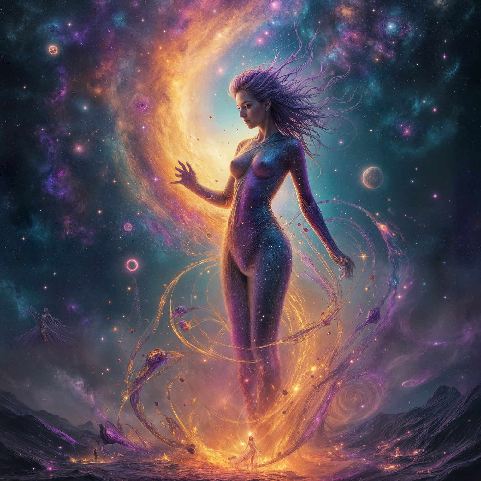 Ethereal Cosmic Woman in Liquid Starlight Vortex
