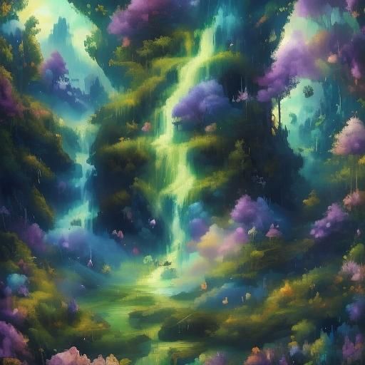 Detailed Fairies by Waterfall in Beautiful Garden