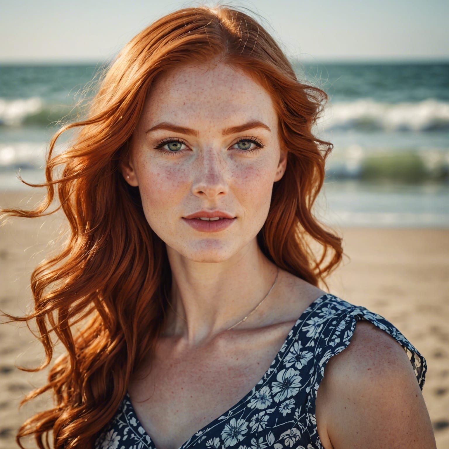 Beautiful Redhead on Beach in Hyperrealistic Fashion Photogr...