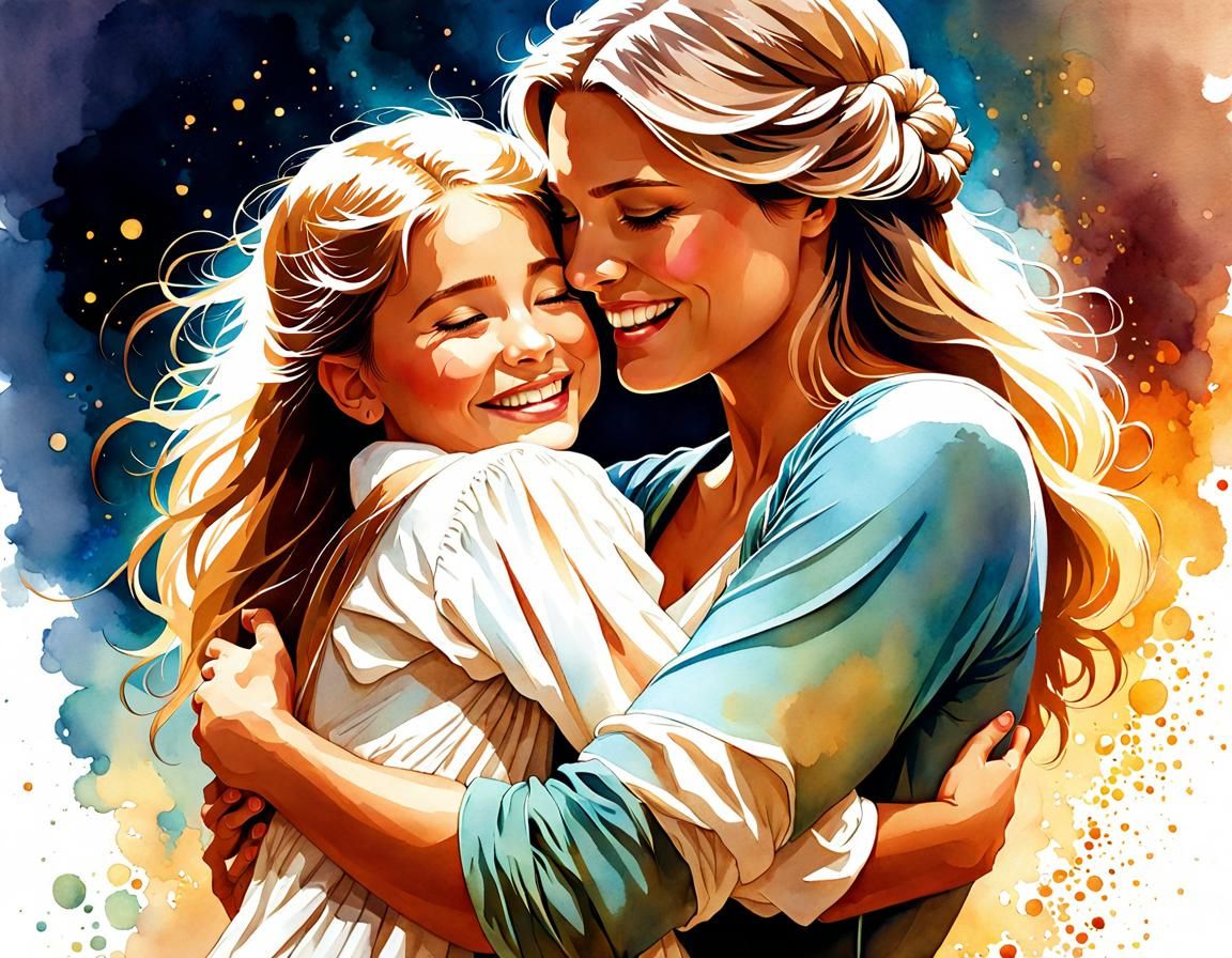 Magical Mother-Daughter Embrace in Watercolor Style