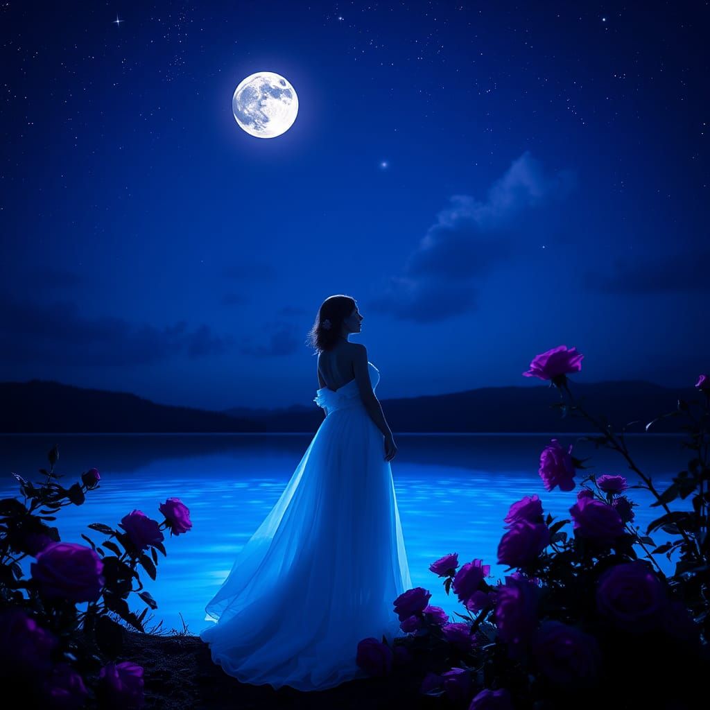 Ethereal Woman by Luminous Lake with Roses