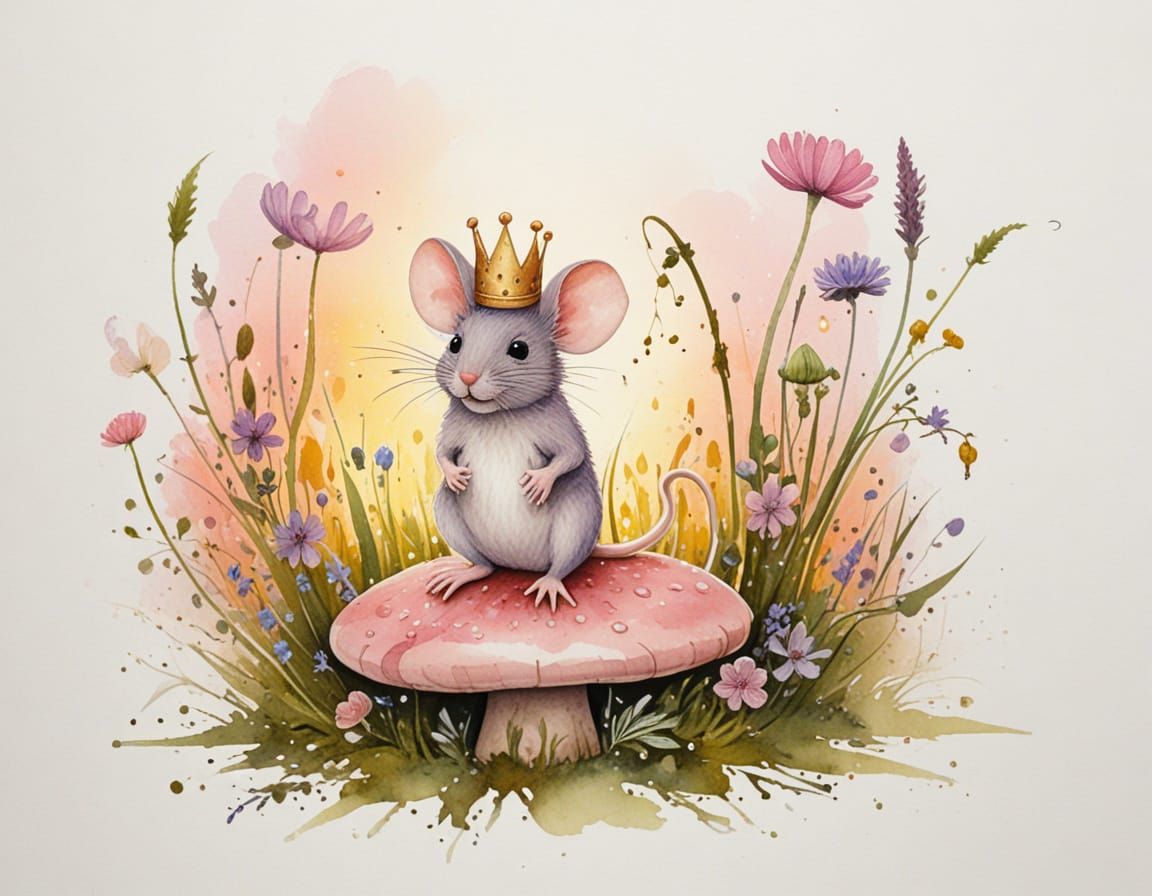 Whimsical Mouse with Wildflower Crown in Magical Forest