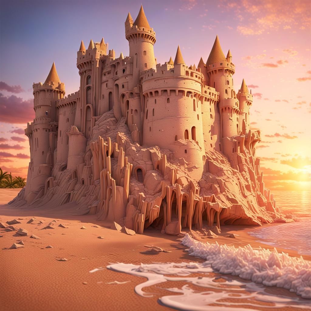 Sandstone Minas Tirith on Sunset Beach: Hyperrealistic Art