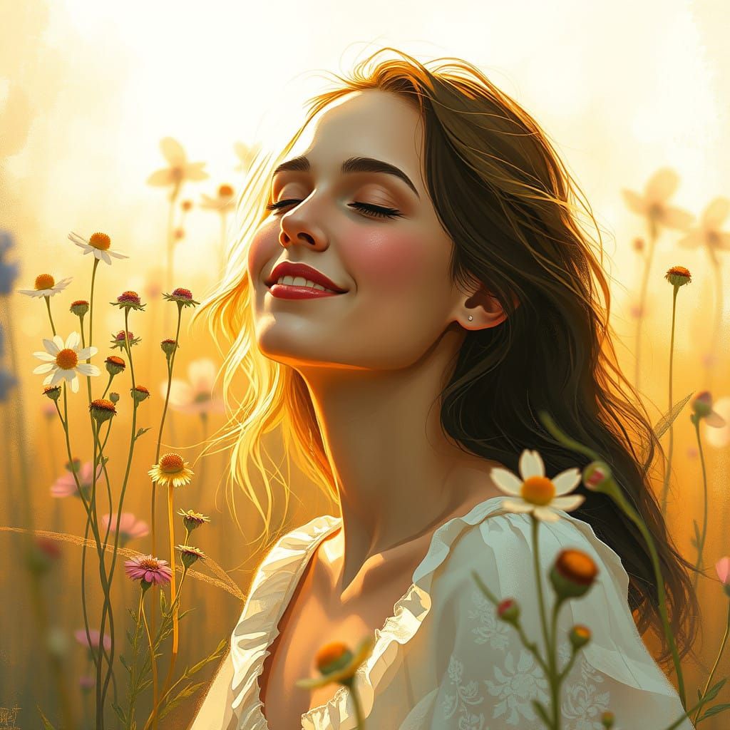 Serene Woman in Golden Light, Surrounded by Blooming Wildflo...
