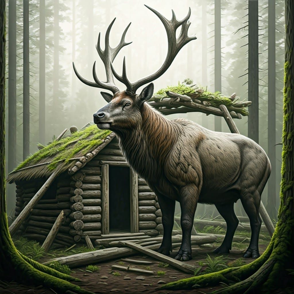 Megaloceros Giganteus Builds Log Cabin in Primeval Forest