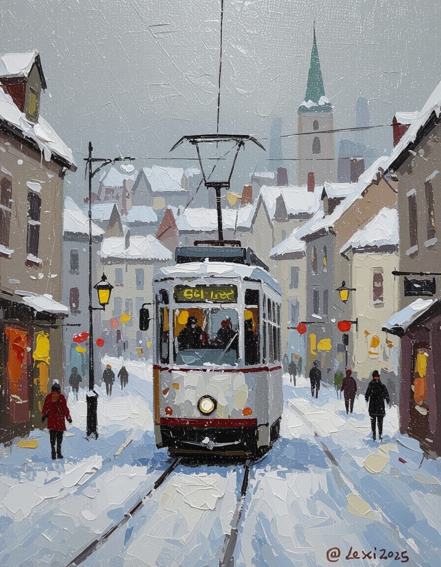 Impressionist Painting of a Snowy Town Tram Ride