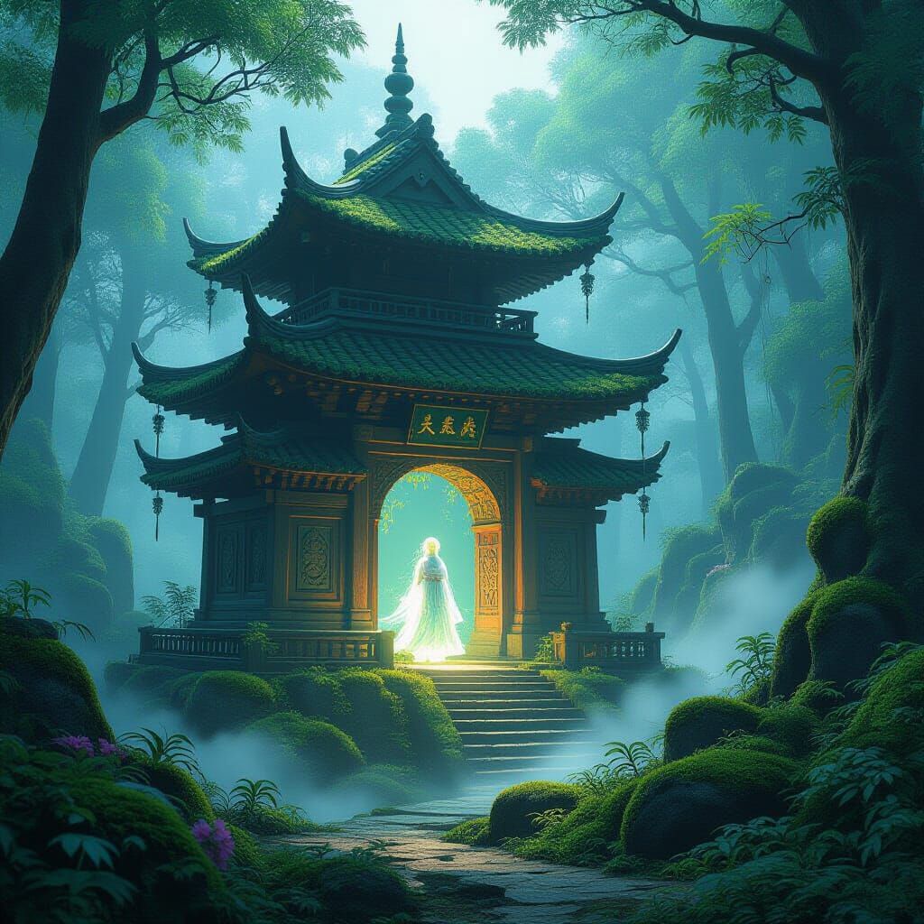 Ghibli Style Temple with Mossy Forest Spirit