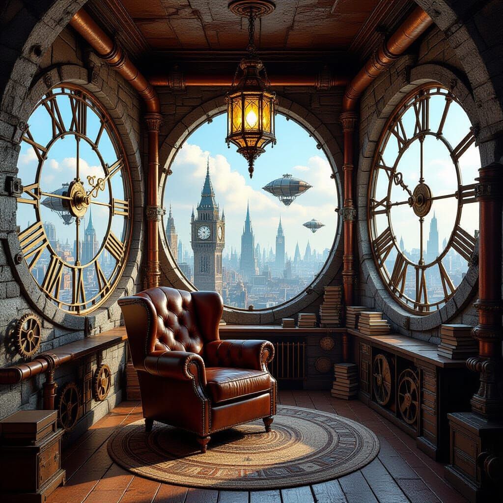 Steampunk Clock Tower Reading Nook Illustration