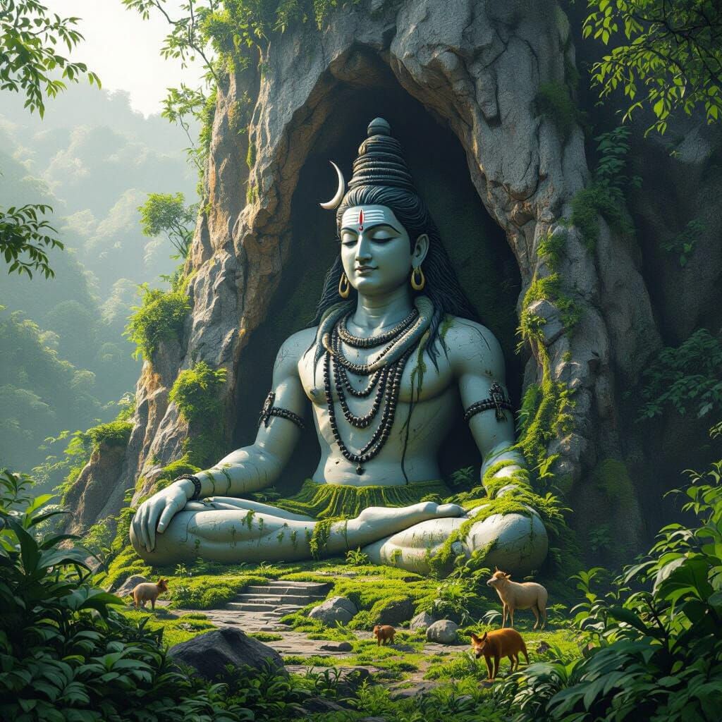 Majestic Lord Shiva Statue Embedded in Jungle Mountain