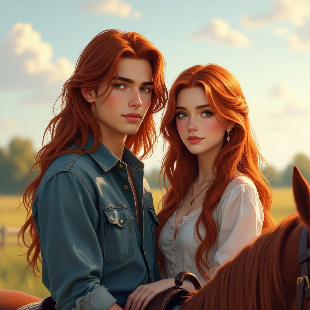 Red-Haired Teens on Horse Farm Portrait